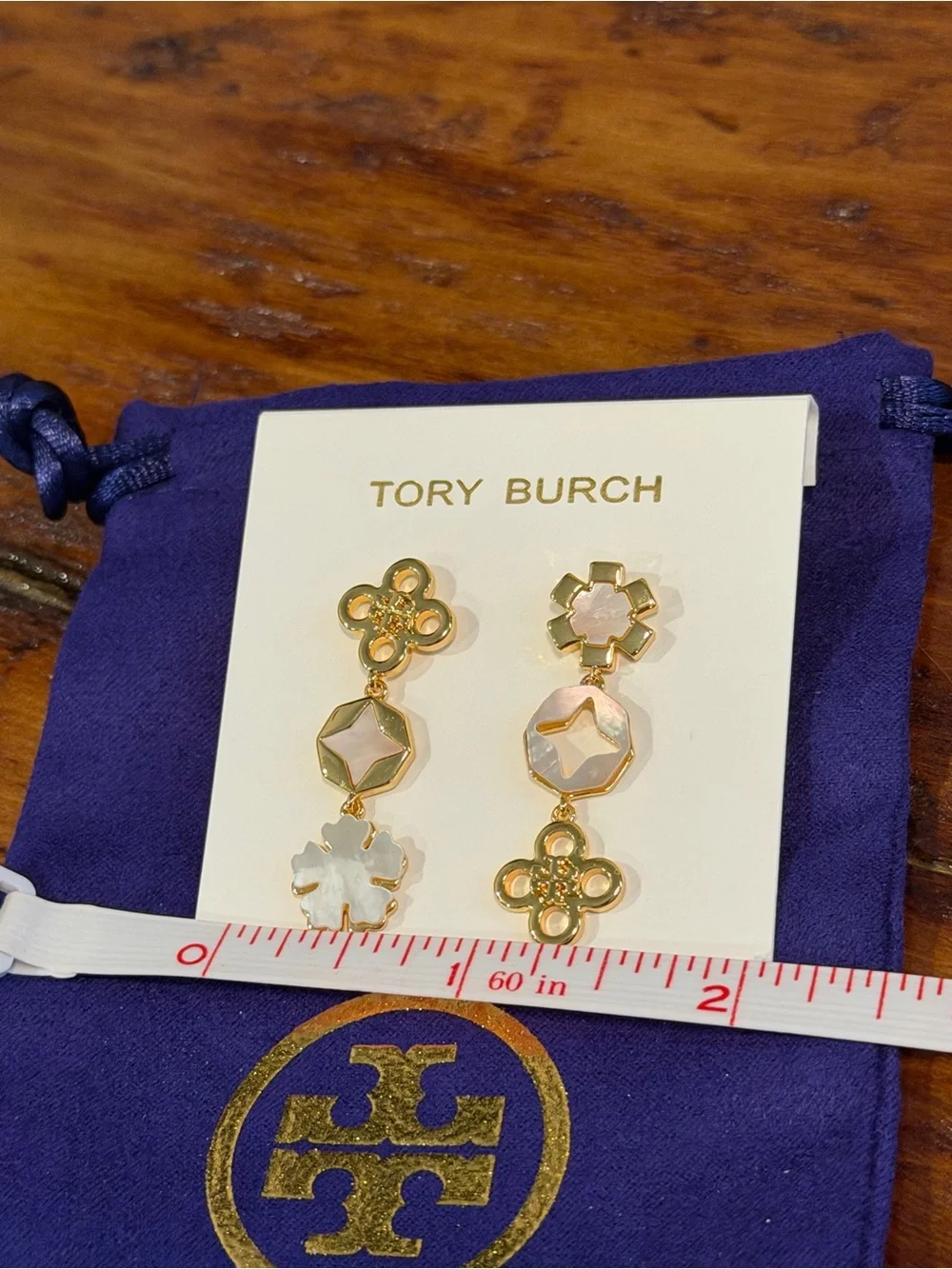 Tory Burch Kira Clover Gold Mother of Pearl Drop Earrings with Dust Bag NWT